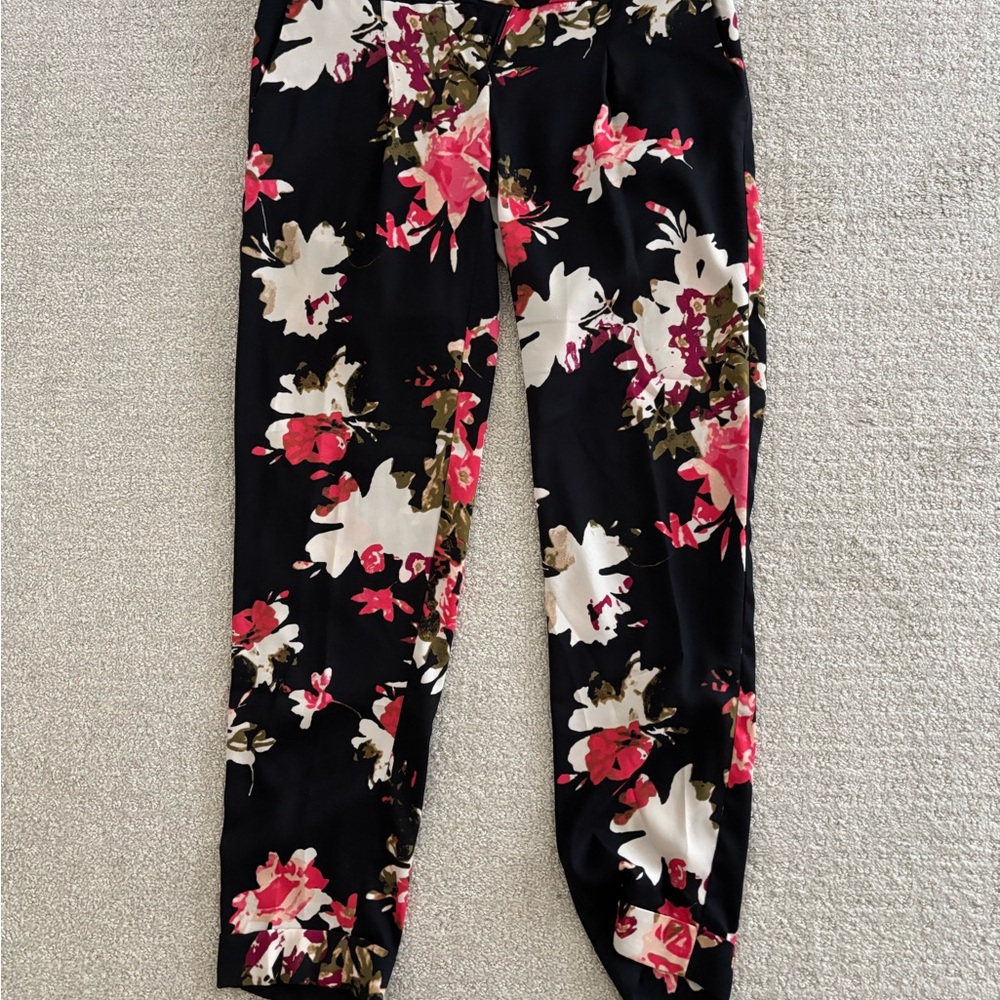 LOFT Black Pants with Pink and White Floral Design